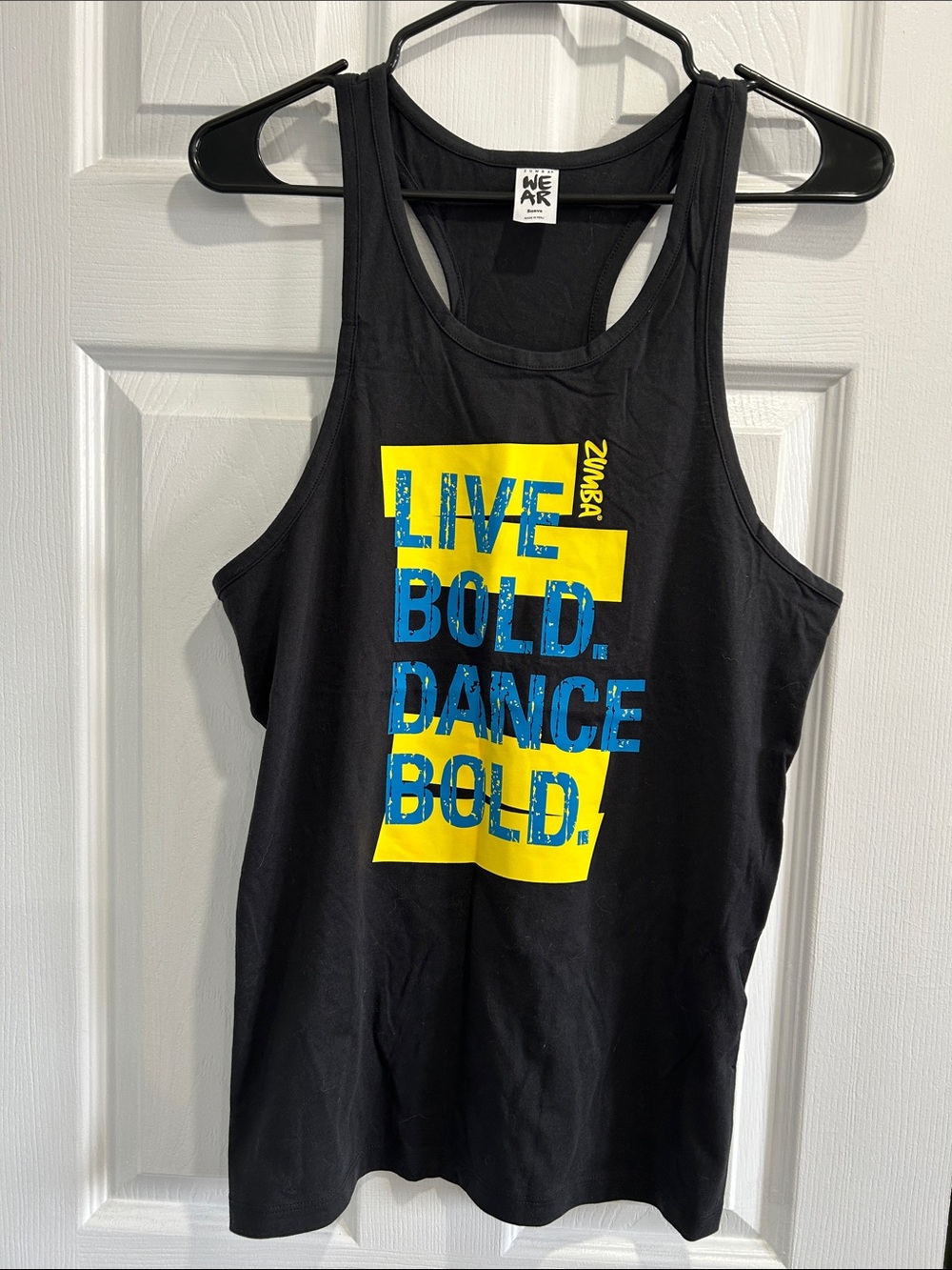 Zumba Fitness Black Tank with Yellow Blocks and Blue Text